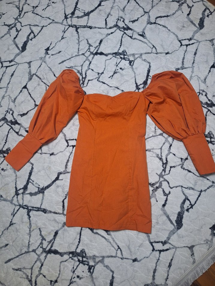 kiremit rengi balon kol elbise - Görsel 2