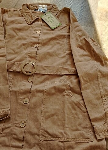 Sıfır Yeni Trençkot Jean ceket Bej/Badem L - Görsel 2