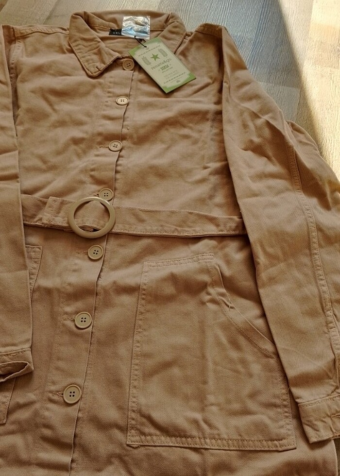 Sıfır Yeni Trençkot Jean ceket Bej/Badem L - Görsel 2