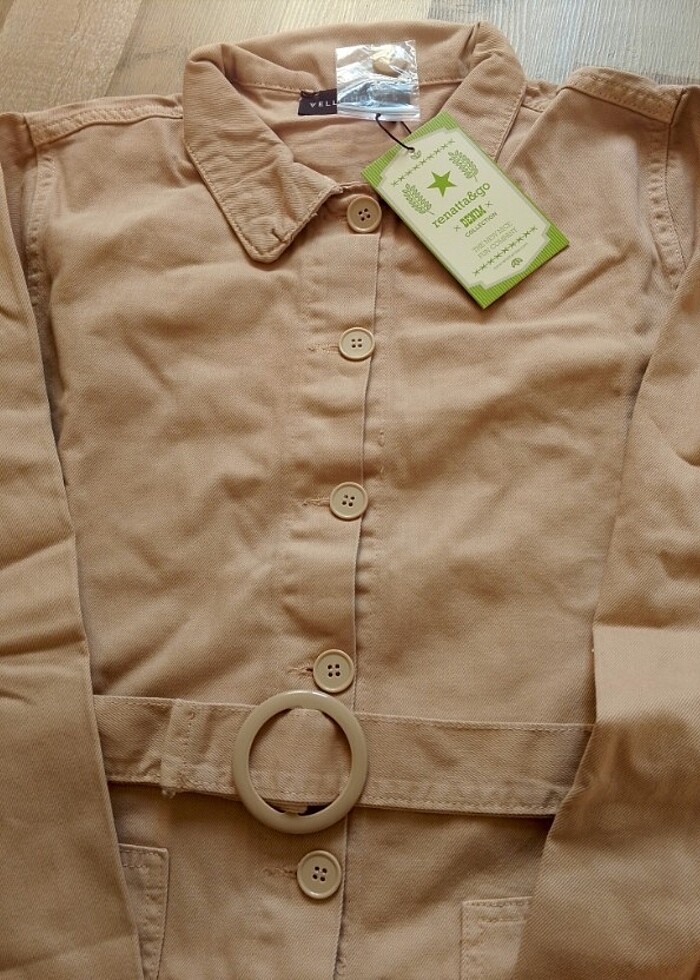 Sıfır Yeni Trençkot Jean ceket Bej/Badem L - Görsel 3