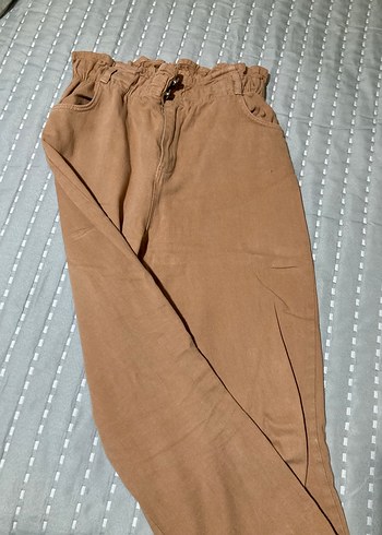 Kadın Bej Süet Beli Kemerli Bol Kesim Pantolon - Görsel 3