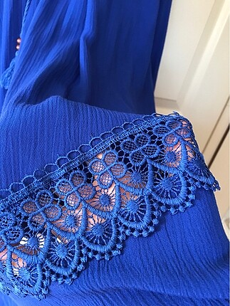 xl Beden mavi Renk Eteği güpür detaylı elbise