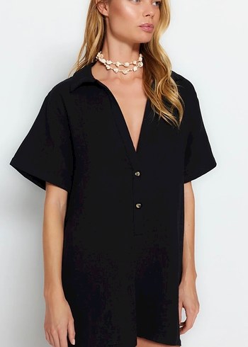 Siyah Kısa Kollu Kadın Müslin Keten Tulum - Görsel 2