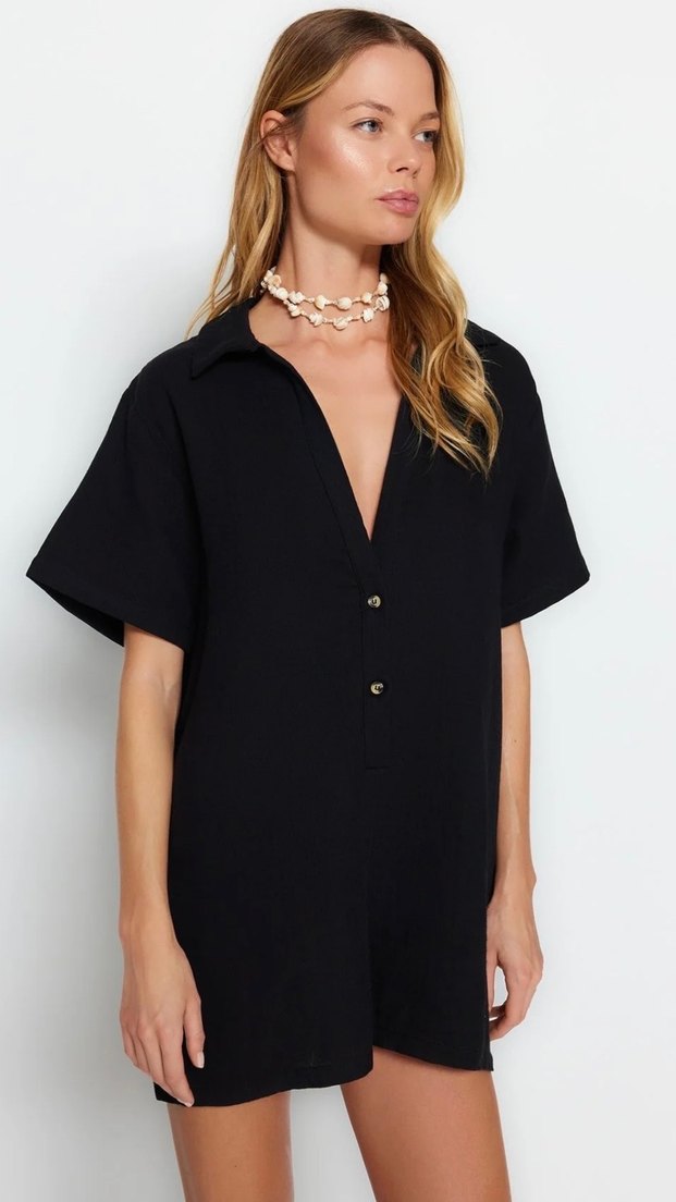 Siyah Kısa Kollu Kadın Müslin Keten Tulum - Görsel 2