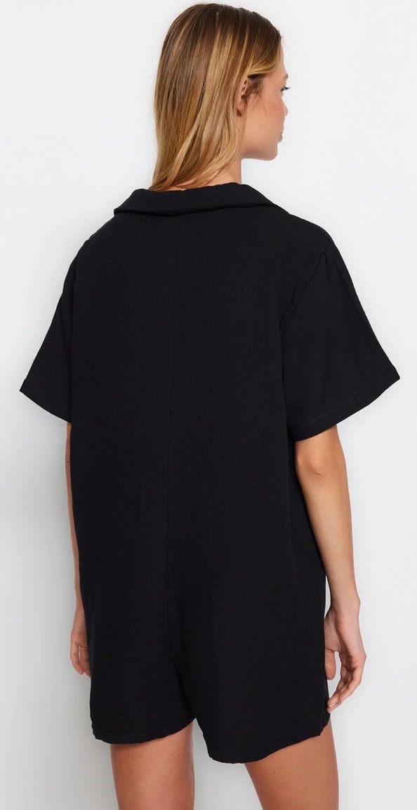 Siyah Kısa Kollu Kadın Müslin Keten Tulum - Görsel 3