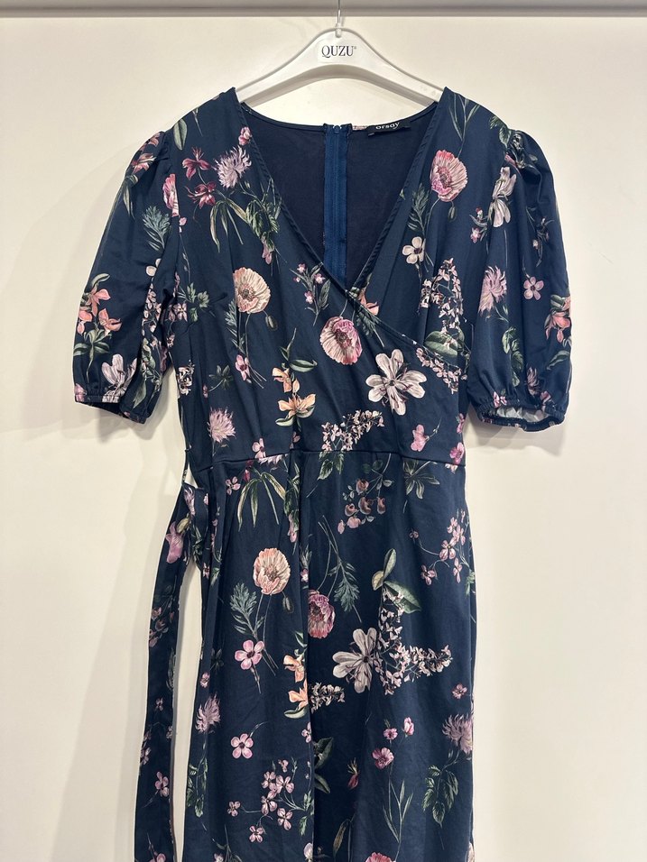 Kısa Lacivert Çiçekli V Yakalı Elbise - Görsel 4