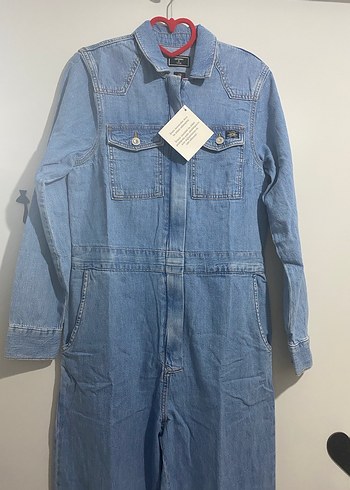 Kadın Mavi Denim Tulum, Uzun Kollu, Düğmeli - Görsel 2