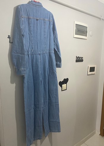 Kadın Mavi Denim Tulum, Uzun Kollu, Düğmeli - Görsel 3