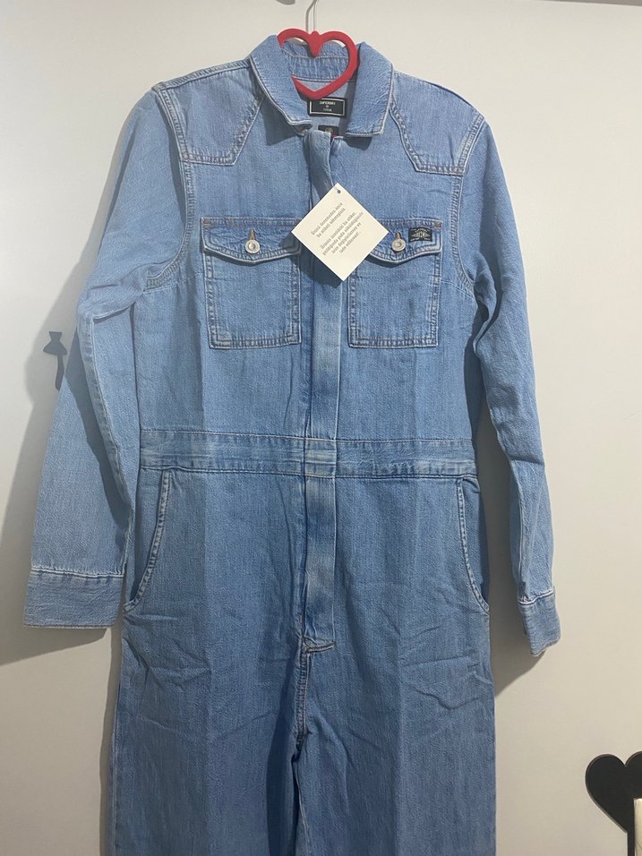 Kadın Mavi Denim Tulum, Uzun Kollu, Düğmeli - Görsel 2