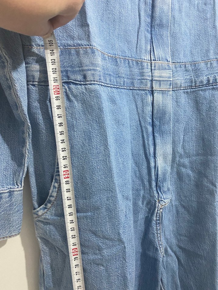 Kadın Mavi Denim Tulum, Uzun Kollu, Düğmeli - Görsel 4