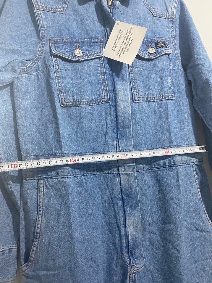 Kadın Mavi Denim Tulum, Uzun Kollu, Düğmeli - Görsel 5