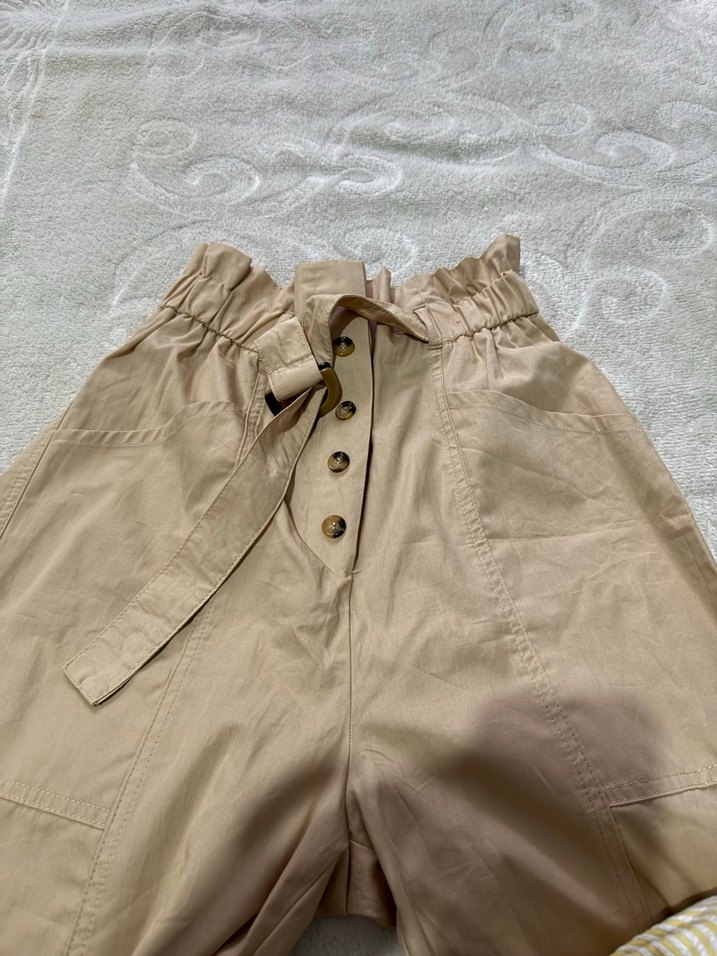 Bej Kemerli Kadın Keten Pantolon - Görsel 3