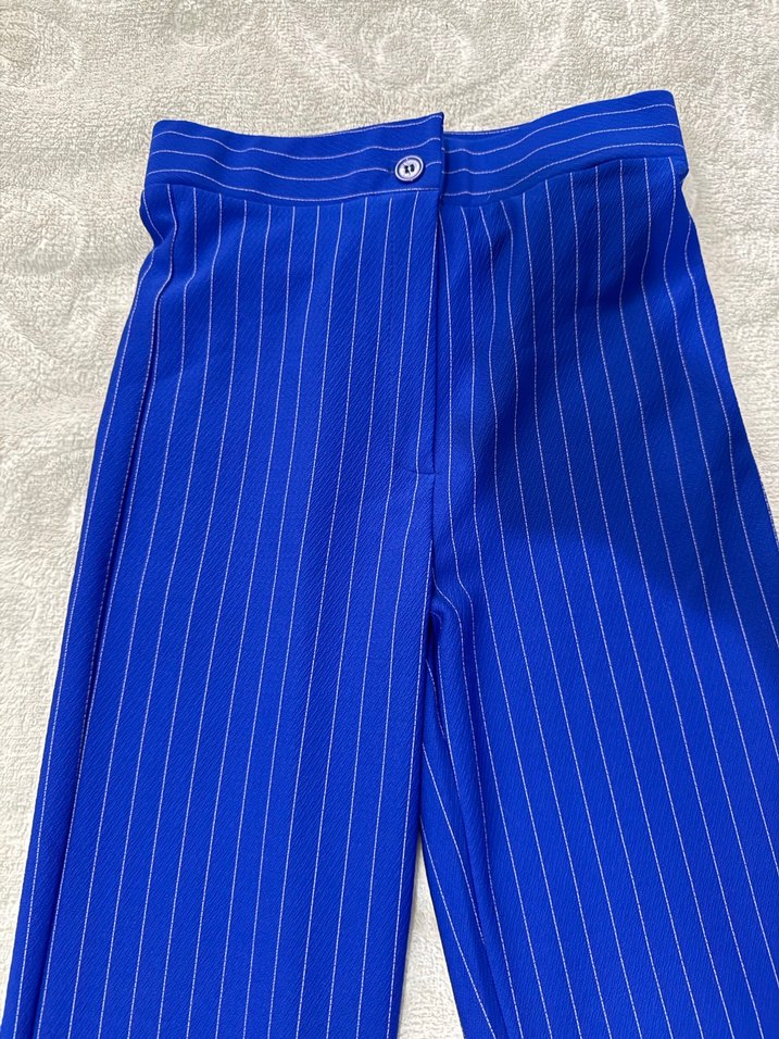 Mavi Çizgili Pilili Kadın Kumaş Pantolon - Görsel 2