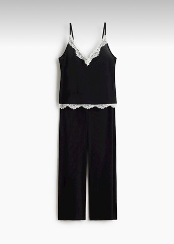 Dantel Detaylı Siyah Askılı Kadın Pijama Takımı - Görsel 3