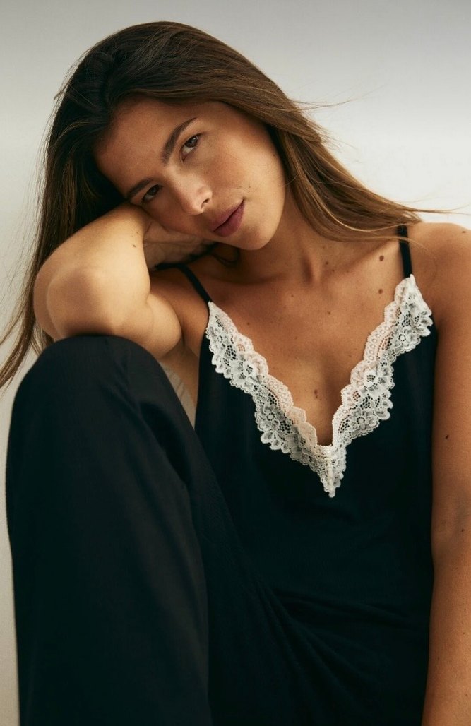 Dantel Detaylı Siyah Askılı Kadın Pijama Takımı - Görsel 2