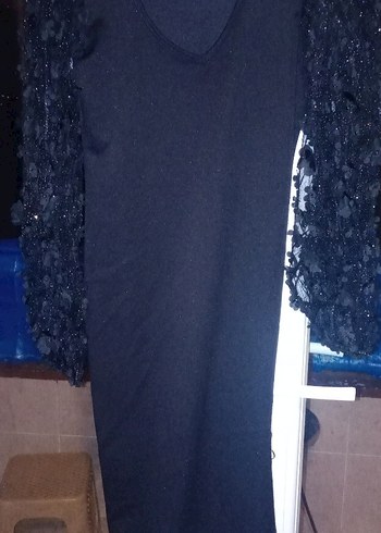 siyah elbise kol dantel detaylı - Görsel 5