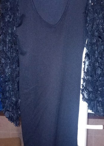 siyah elbise kol dantel detaylı - Görsel 4