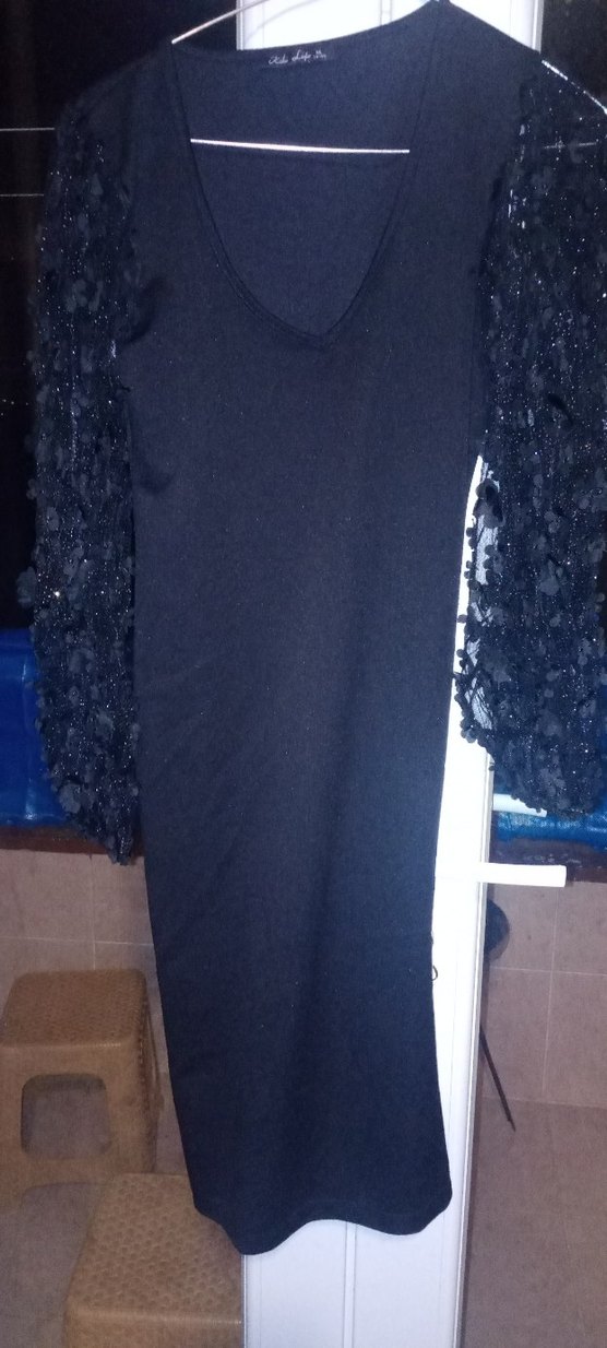 siyah elbise kol dantel detaylı - Görsel 5