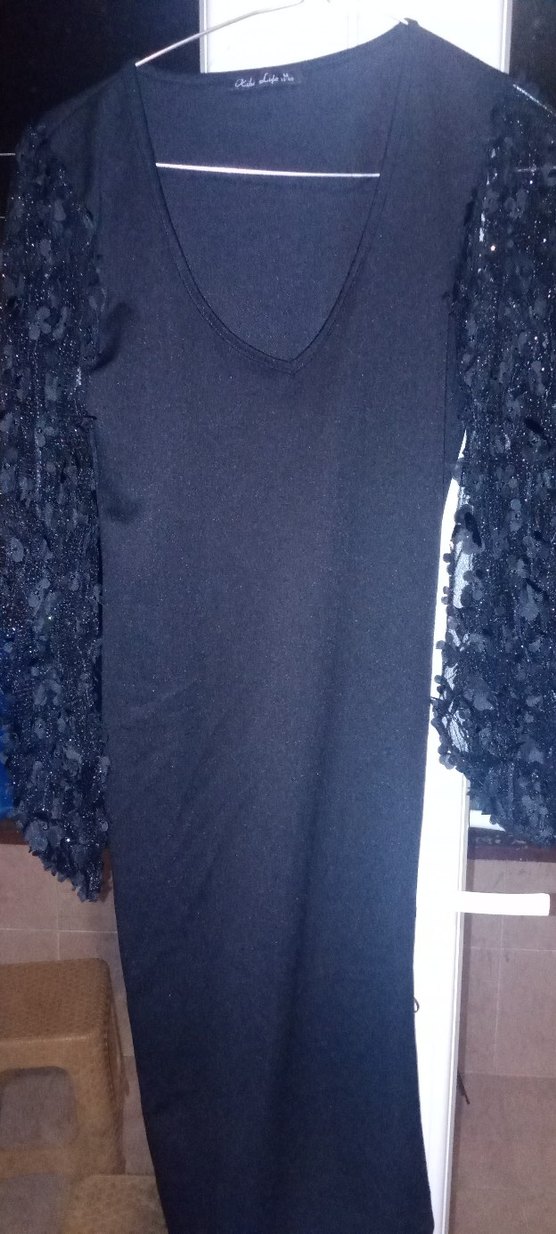 siyah elbise kol dantel detaylı - Görsel 4