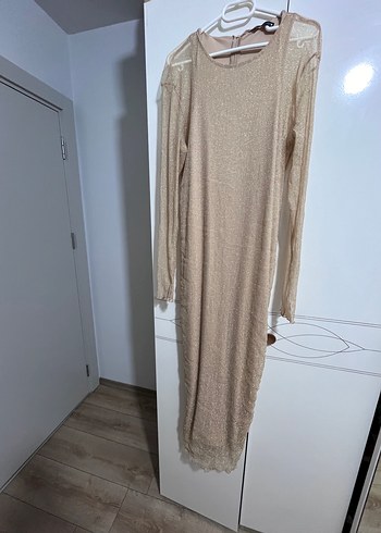 xl Beden Bej Uzun Kollu Drapeli Uzun Elbise