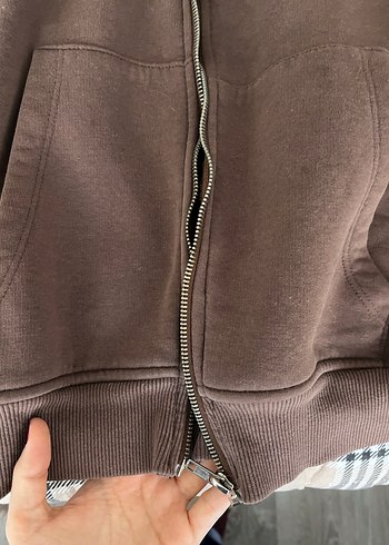 s Beden Kahverengi Fermuarlı Kapüşonlu Sweatshirt