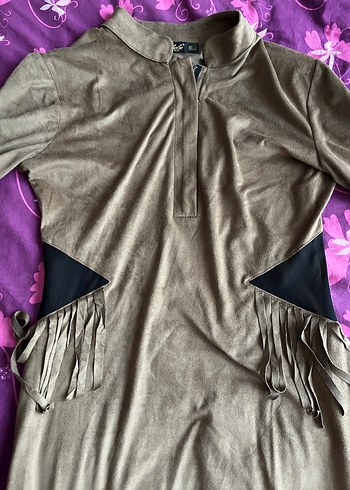 Vintage kadın süet kahverengi midi elbise - Görsel 4