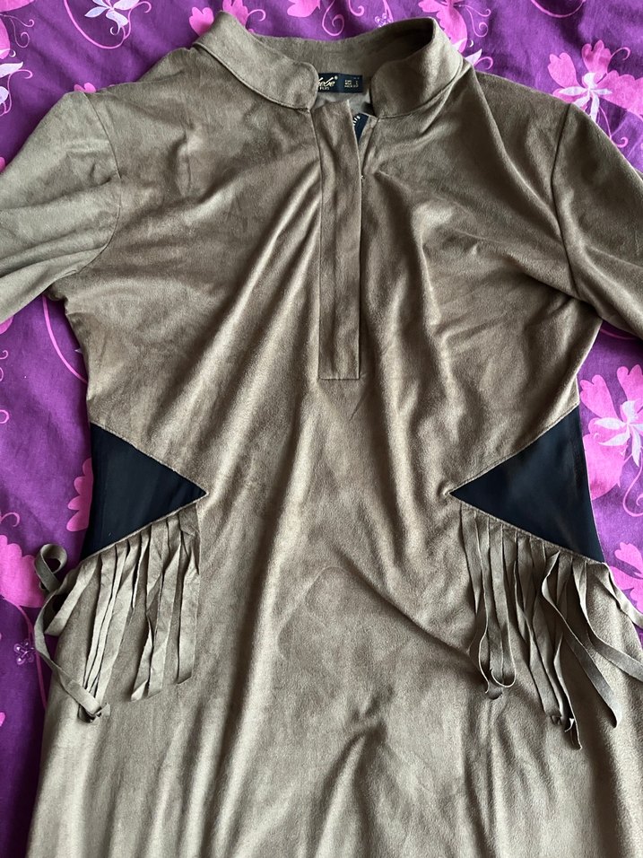 Vintage kadın süet kahverengi midi elbise - Görsel 4