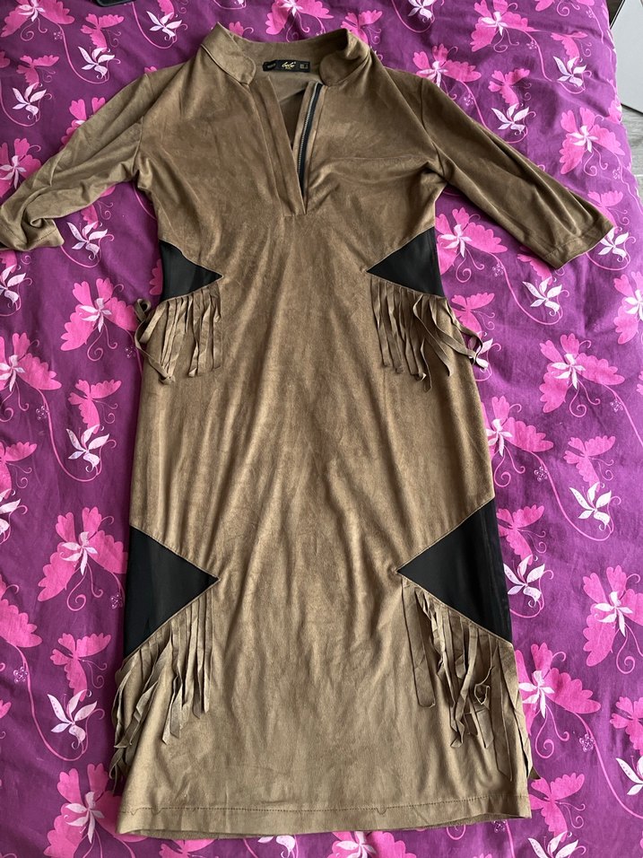 Vintage kadın süet kahverengi midi elbise - Görsel 2