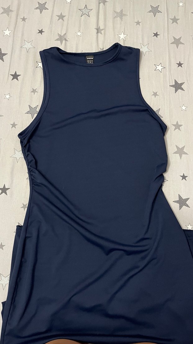 Shein lacivert drapeli midi elbise - Görsel 4