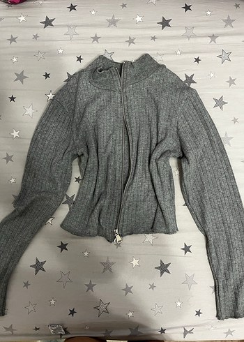 Gri Fermuarlı Yüksek Yakalı Kadın Hırka - Görsel 2