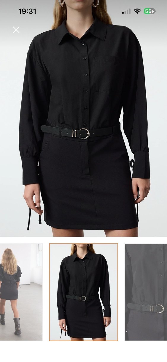 Siyah Deri Kemerli Mini Elbise - Görsel 2