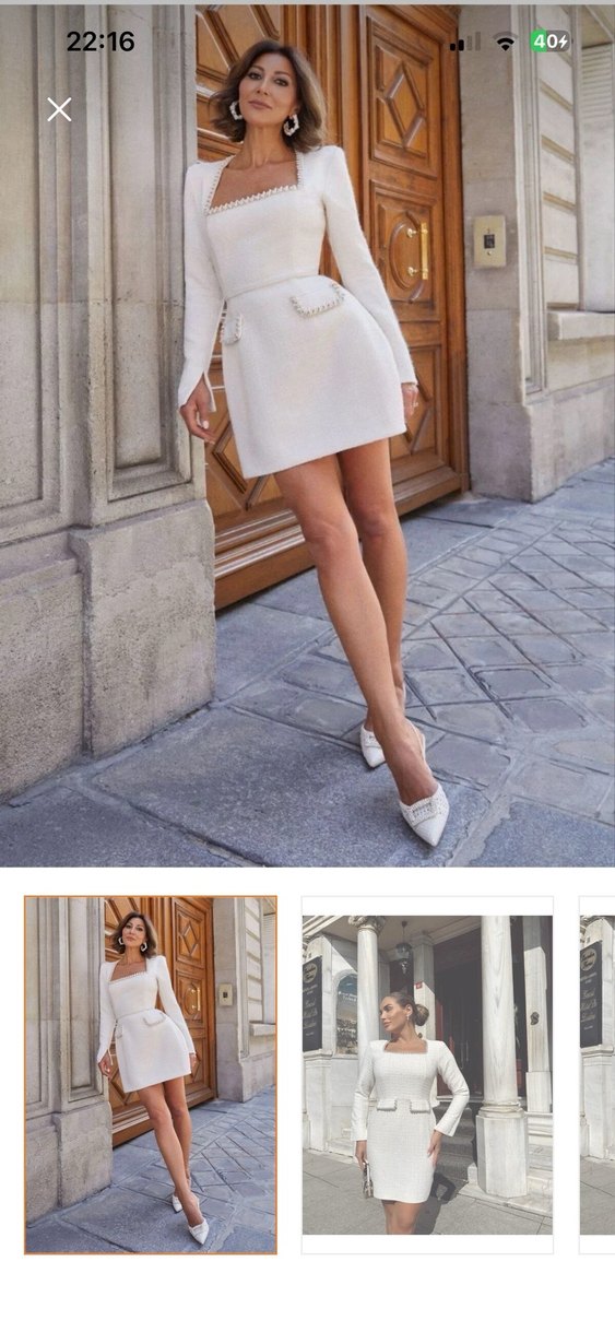 Uzun Kollu Beyaz Mini Elbise - Görsel 2