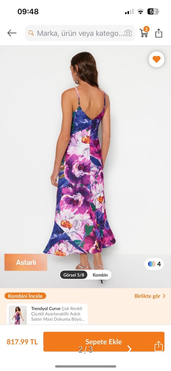 Mor Çiçek Desenli Uzun Askılı Elbise - Görsel 2