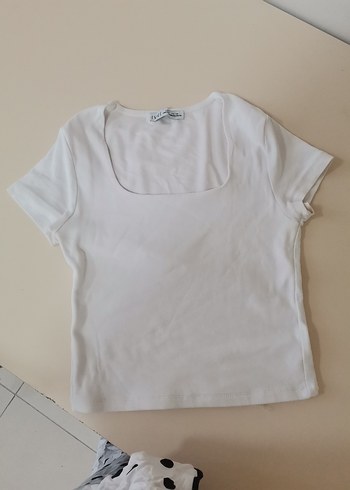 Kare yaka Beyaz Kısa Kollu Mini Pamuklu Tişört