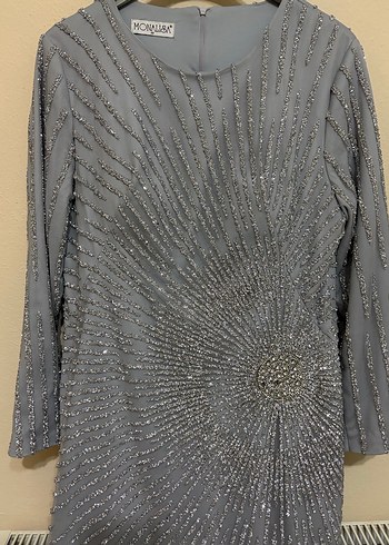 Uzun Gri İşlemeli Kadın Abiye Elbise - Görsel 2