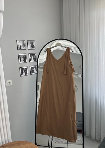 Bej Askılı Midi Drapeli Kadın Elbise