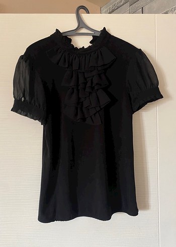 Siyah Fırfırlı Gotik Kısa Kollu Bluz