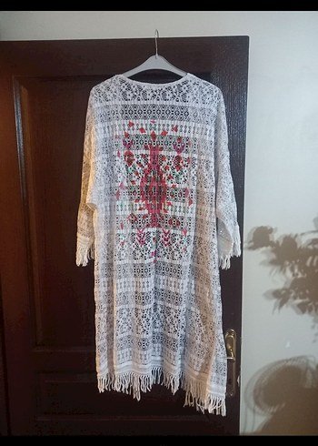 Penti Nakışlı Örgü Uzun Kadın plaj Hırka