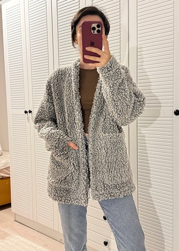 Gri Peluş Kadın Midi Ceket - Görsel 2