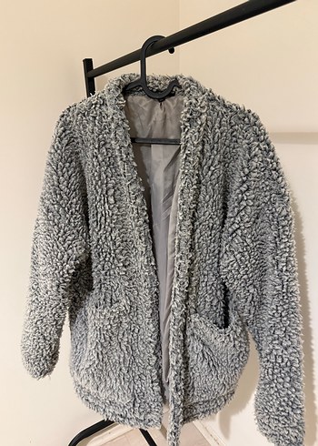 Gri Peluş Kadın Midi Ceket - Görsel 4