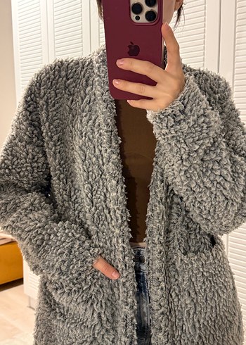 Gri Peluş Kadın Midi Ceket - Görsel 3