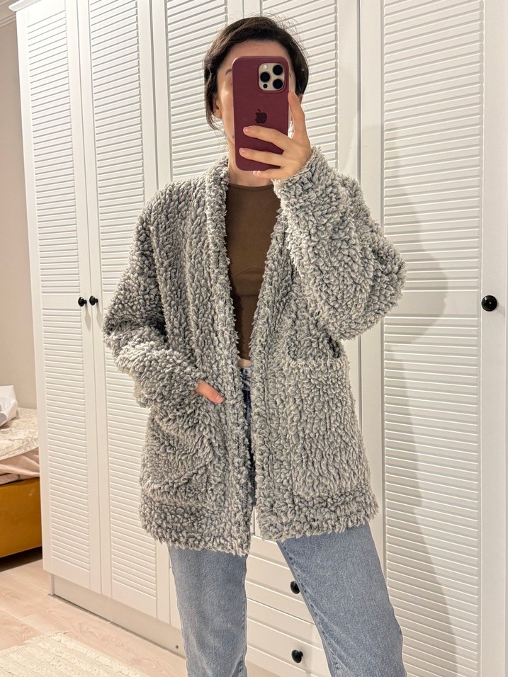 Gri Peluş Kadın Midi Ceket - Görsel 2