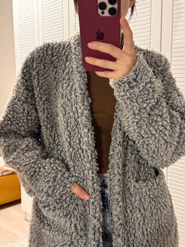 Gri Peluş Kadın Midi Ceket - Görsel 3