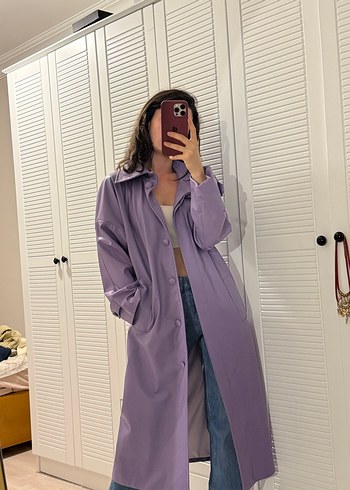 Mor Deri Kemerli Uzun Trençkot - Görsel 3