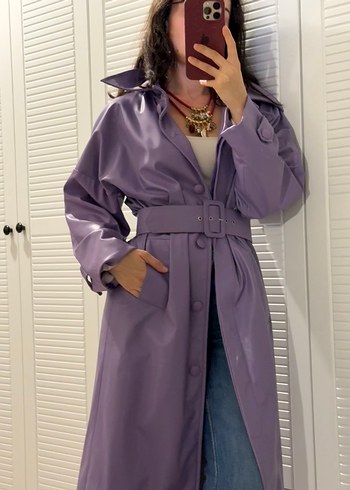 Mor Deri Kemerli Uzun Trençkot - Görsel 2