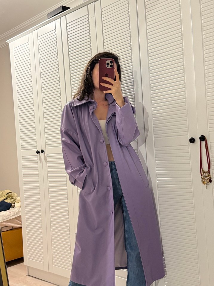 Mor Deri Kemerli Uzun Trençkot - Görsel 3