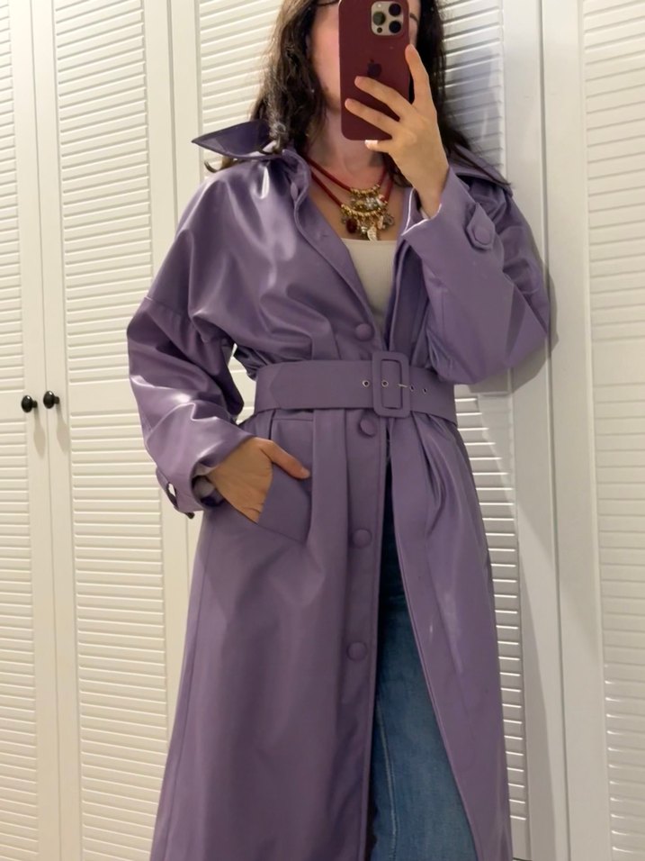 Mor Deri Kemerli Uzun Trençkot - Görsel 2
