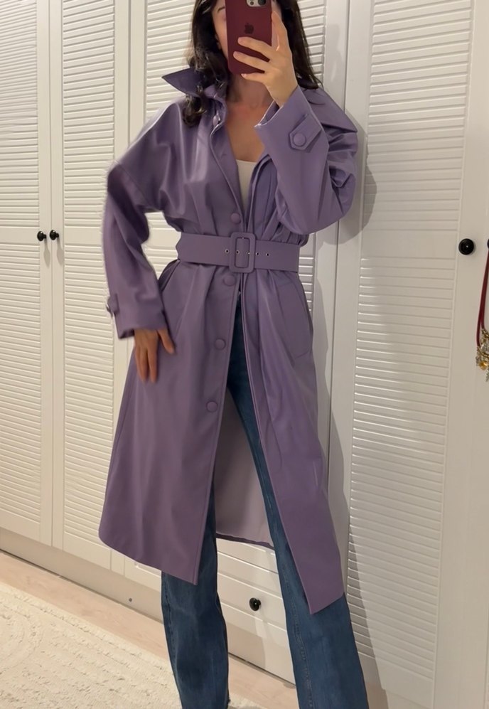 Mor Deri Kemerli Uzun Trençkot - Görsel 4