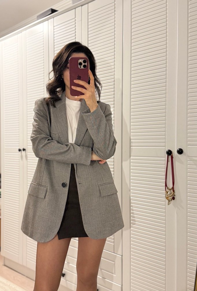 Gri Düğmeli Midi Kadın Blazer - Görsel 4