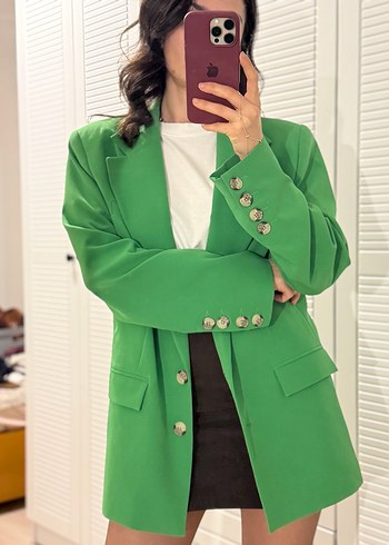 Düğmeli Yeşil oversize Blazer - Görsel 3